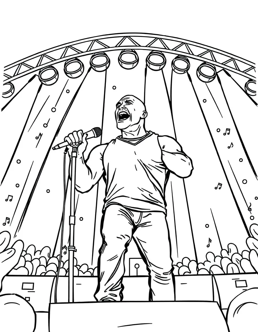 Dwayne Johnson singing on a big concert stage with musical notes and lights – a fun and kid-friendly coloring page.