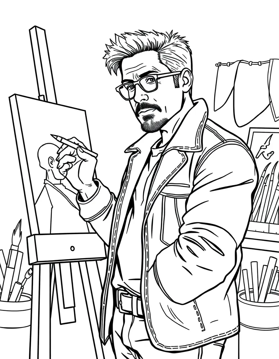 Robert Downey Jr. painting a picture at an art studio – a fun and kid-friendly coloring page.