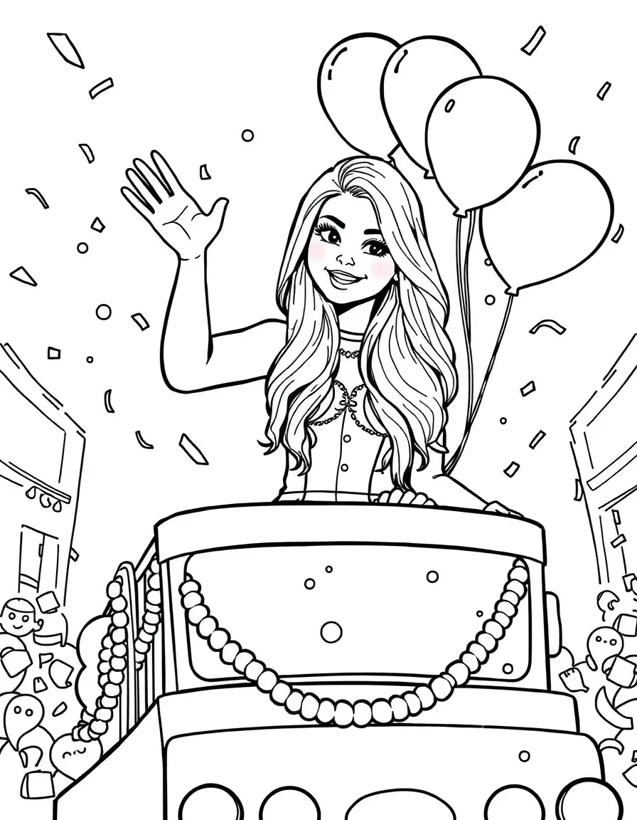 Selena Gomez waving from a parade float with balloons and confetti – a fun and kid-friendly coloring page.