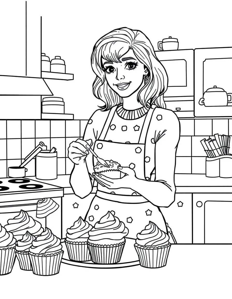 Emma Stone baking cupcakes in a colorful kitchen – a fun and kid-friendly coloring page.