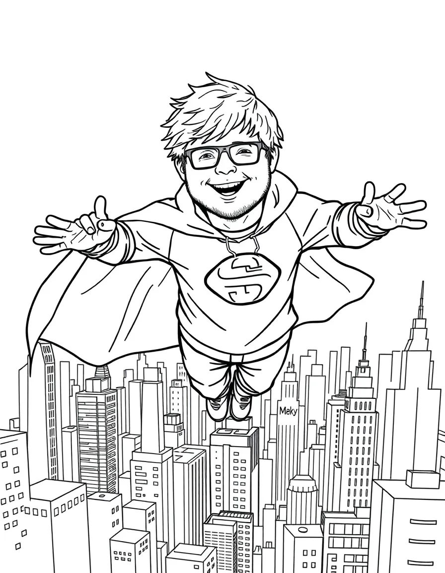 Ed Sheeran wearing a superhero cape and flying over a cityscape – a fun and kid-friendly coloring page.