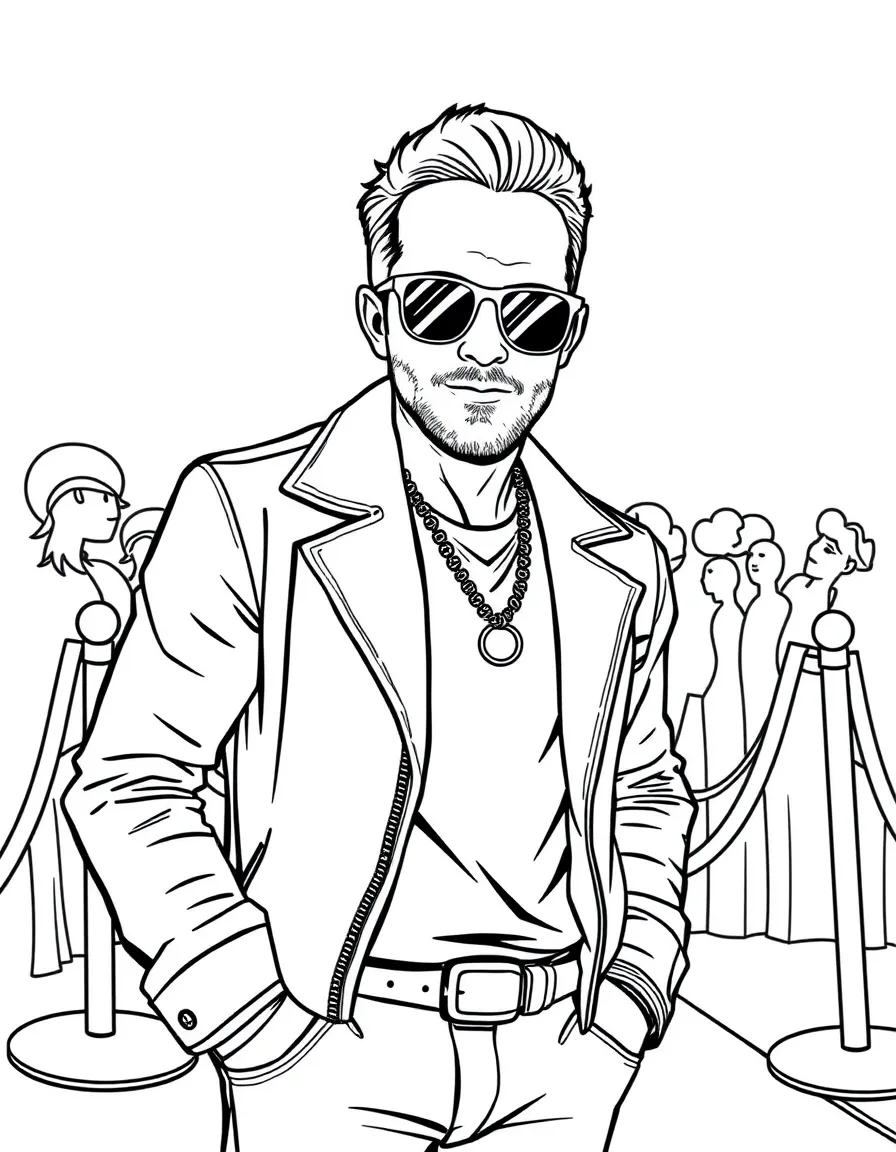Ryan Reynolds posing with sunglasses and a cool outfit on the red carpet – a fun and kid-friendly coloring page.