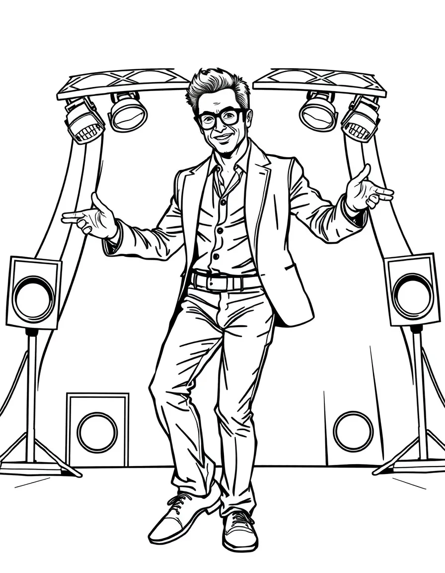 Robert Downey Jr. dancing on a stage with spotlights and fun outfits – a fun and kid-friendly coloring page.