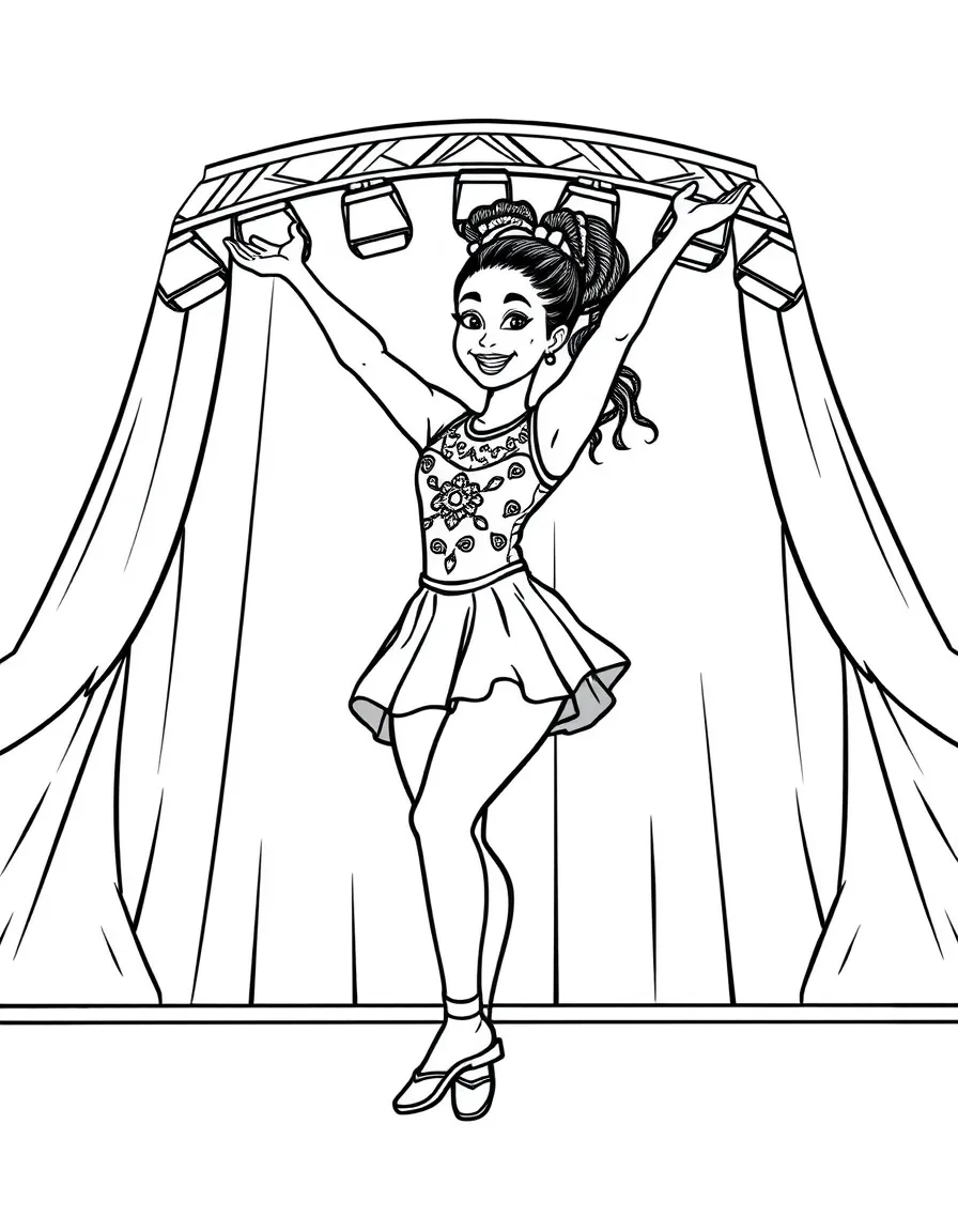 Simone Biles dancing on a stage with spotlights and fun outfits – a fun and kid-friendly coloring page.