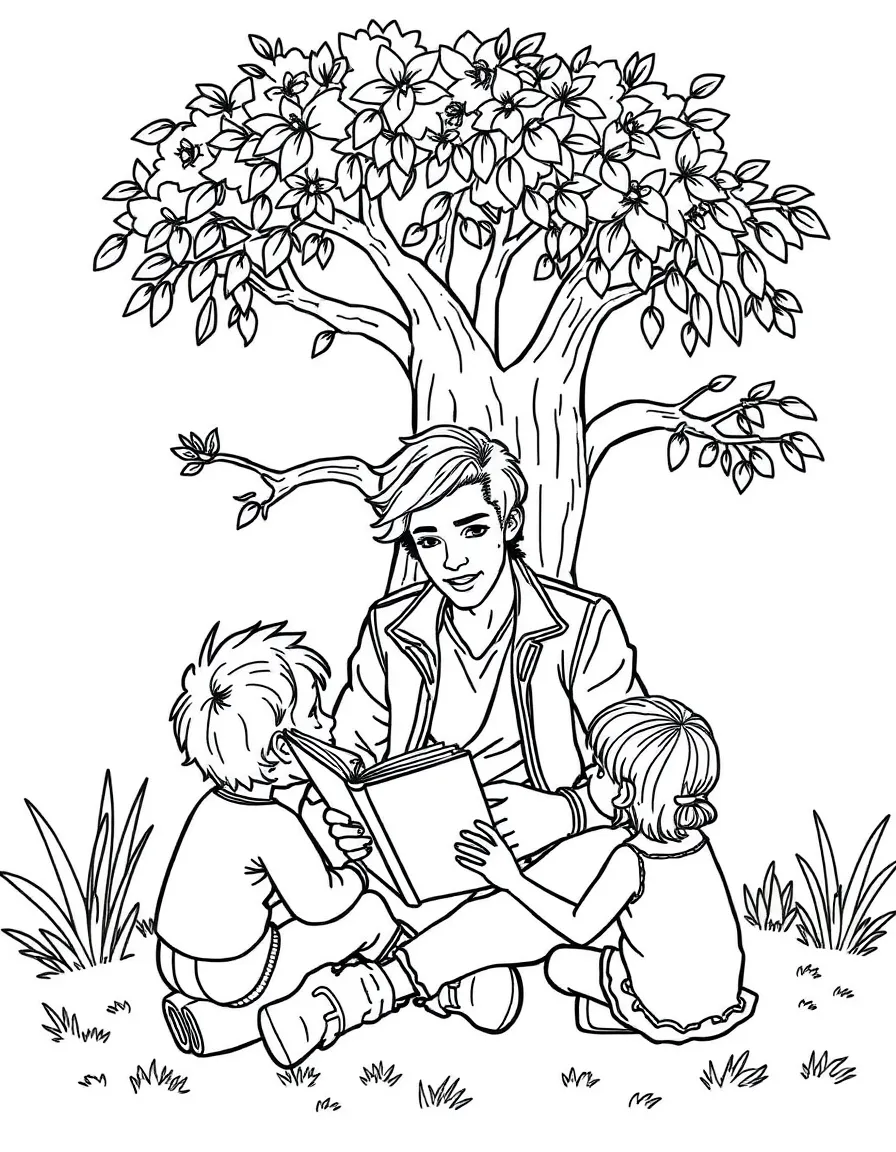 Harry Styles reading a storybook to children under a tree – a fun and kid-friendly coloring page.