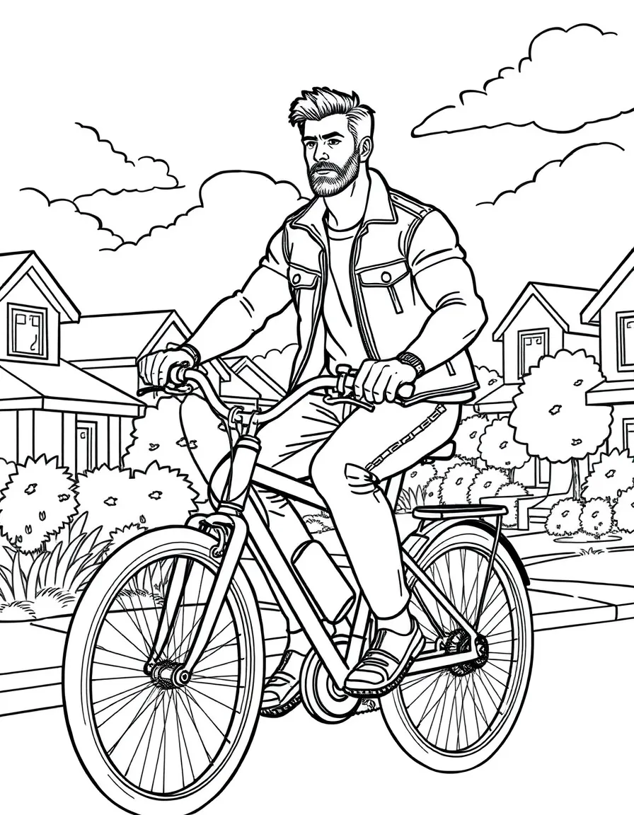 Chris Hemsworth riding a bicycle through a sunny neighborhood – a fun and kid-friendly coloring page.