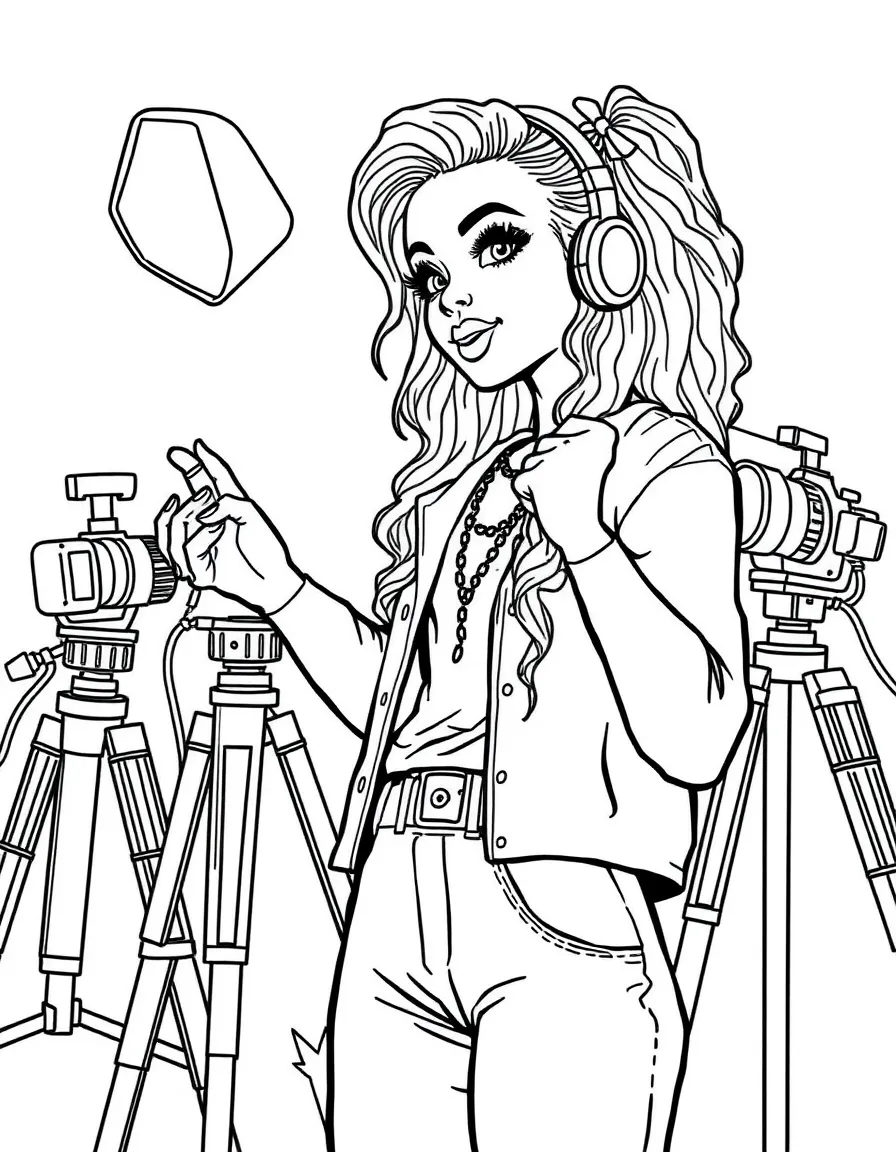 Zendaya acting in a scene on a movie set with cameras – a fun and kid-friendly coloring page.