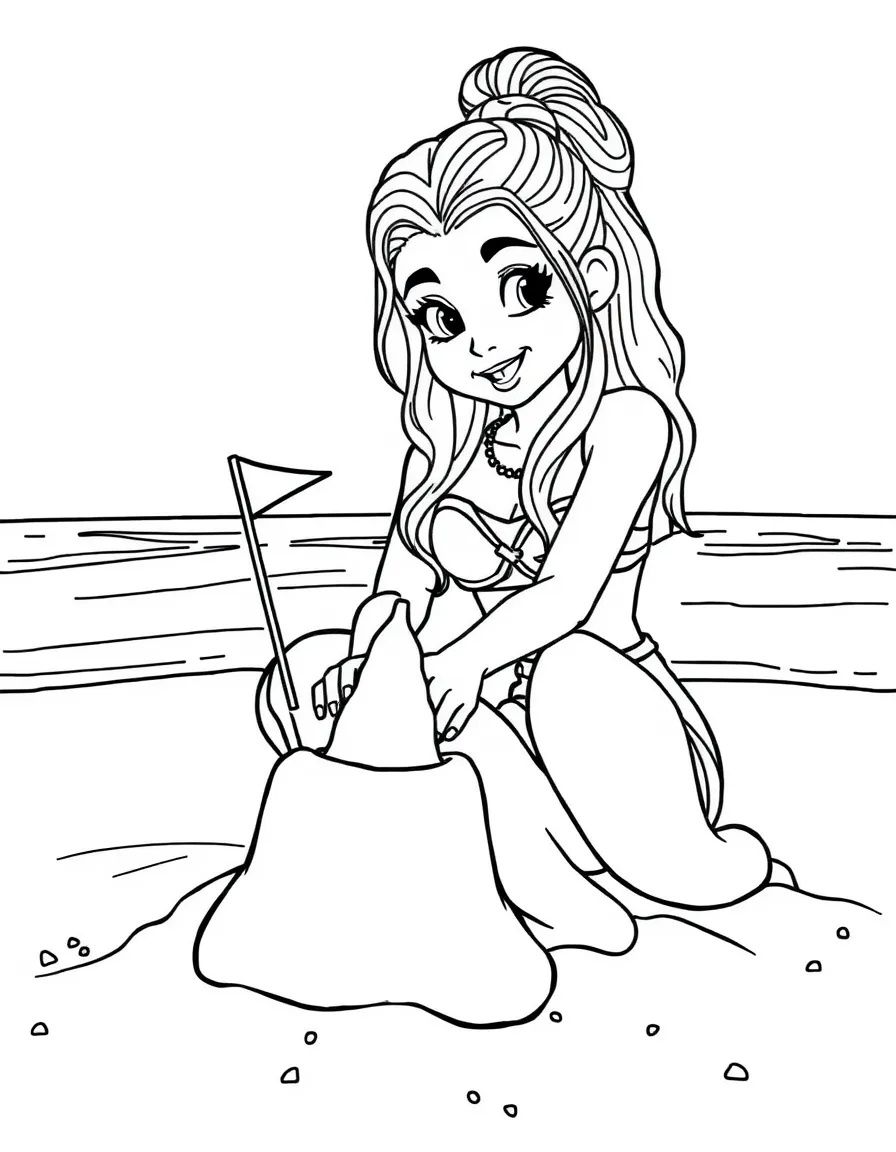 Zendaya building a sandcastle at the beach – a fun and kid-friendly coloring page.