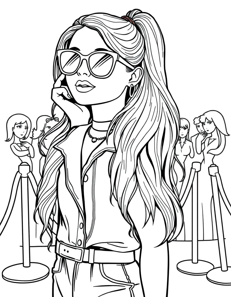 Selena Gomez posing with sunglasses and a cool outfit on the red carpet – a fun and kid-friendly coloring page.