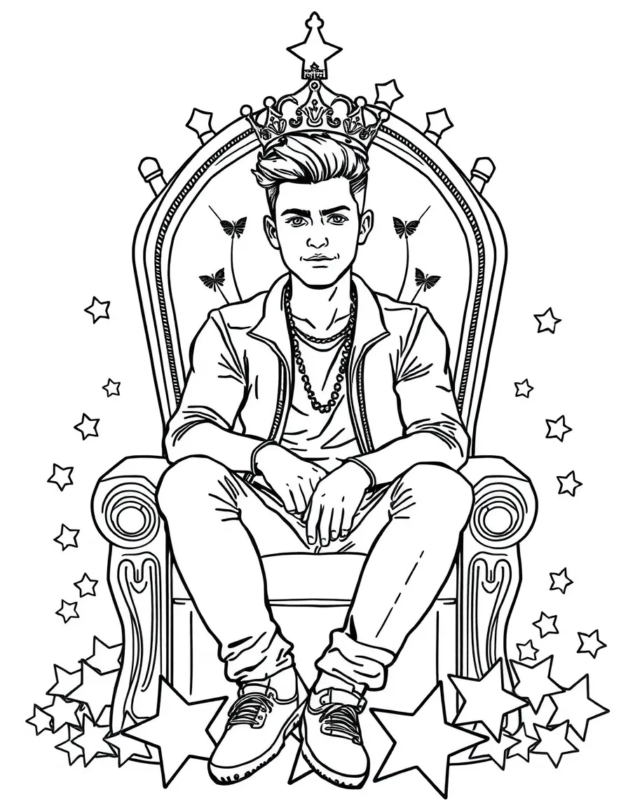 Taylor Lautner sitting on a throne made of stars with a crown – a fun and kid-friendly coloring page.