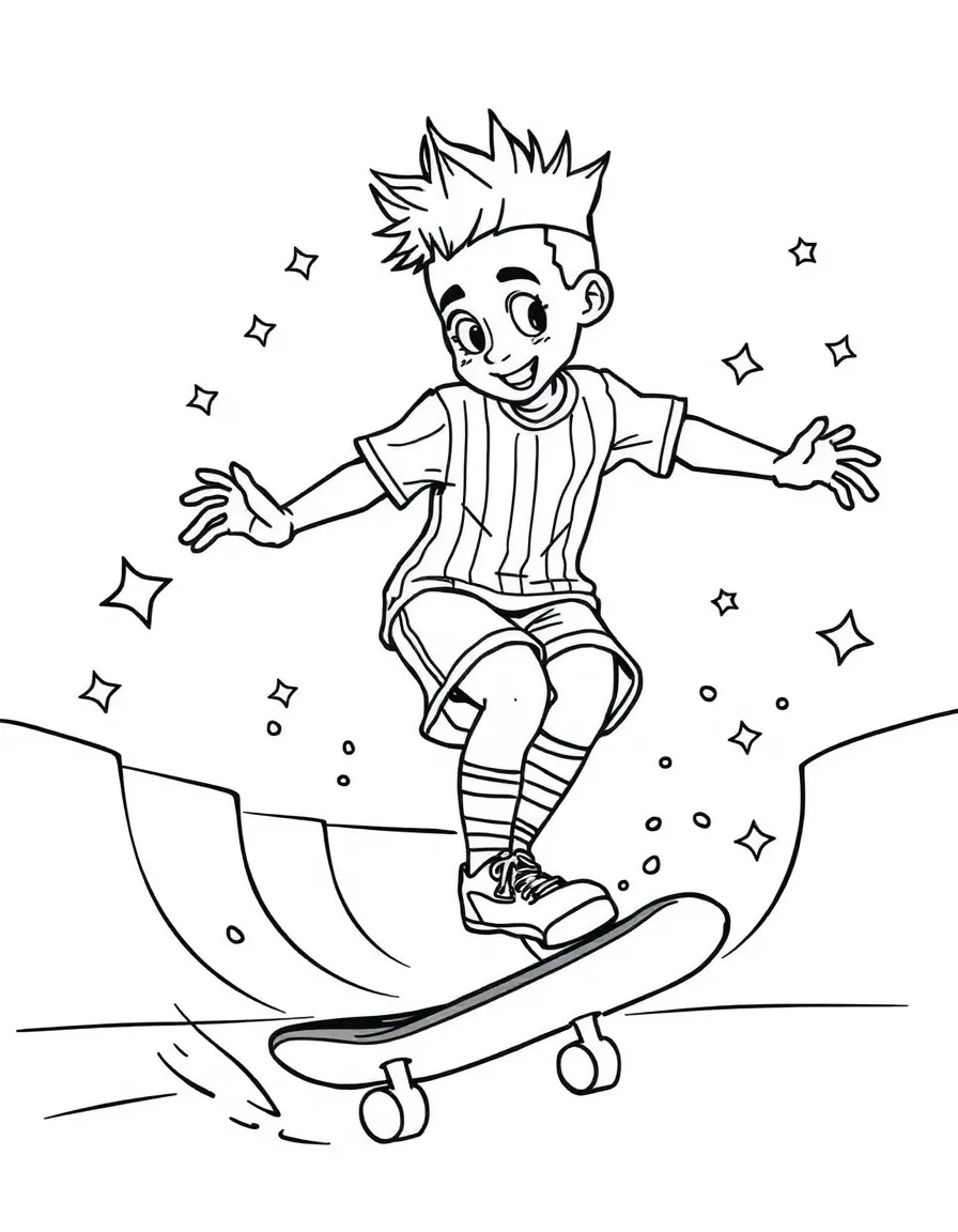 Neymar Jr. skateboarding at a skate park with stars and swirls around – a fun and kid-friendly coloring page.