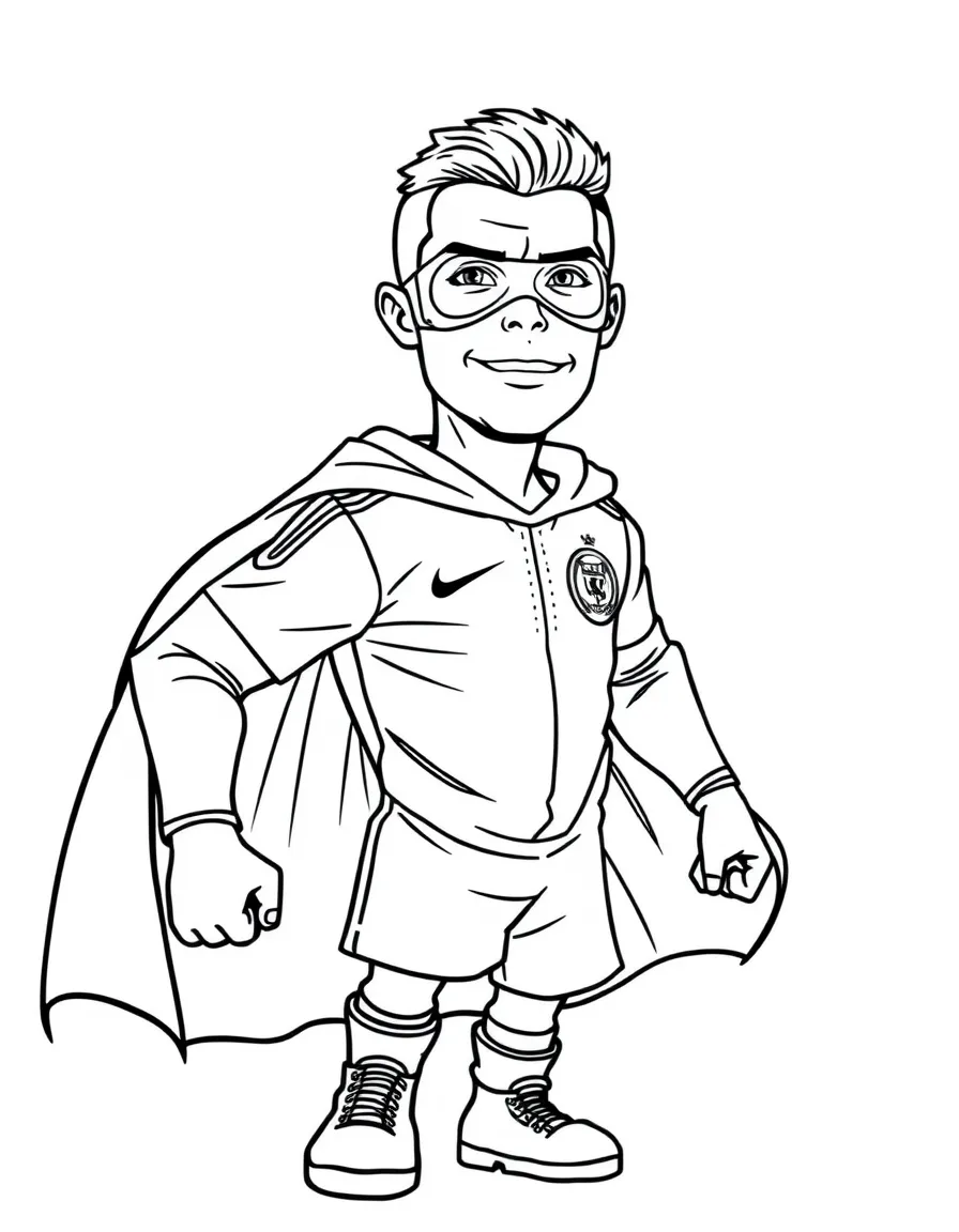 Cristiano Ronaldo dressed as a superhero, ready to save the day – a fun and kid-friendly coloring page.