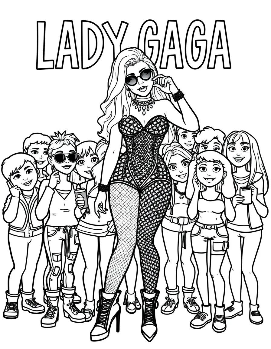 Lady Gaga posing with cartoon versions of their fans – a fun and kid-friendly coloring page.
