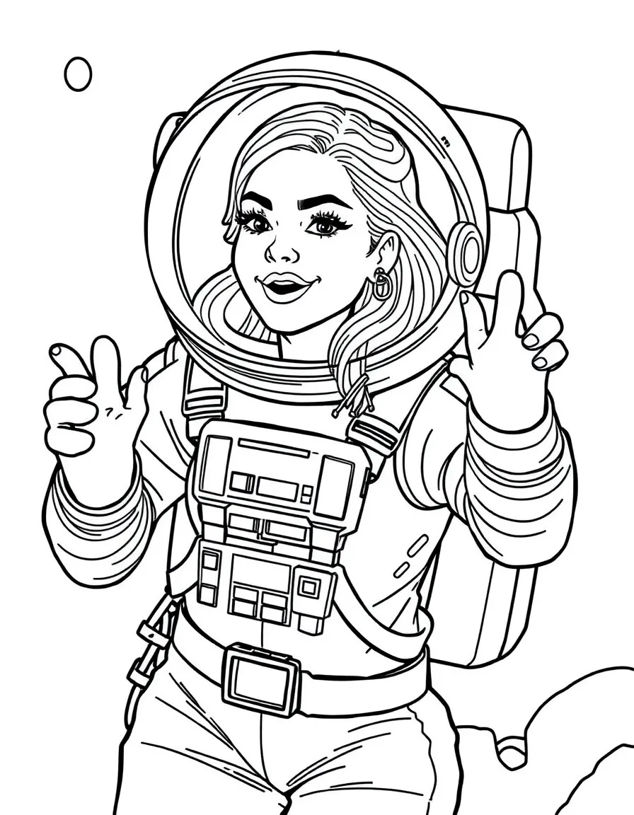 Jennifer Lopez exploring space in an astronaut suit – a fun and kid-friendly coloring page.