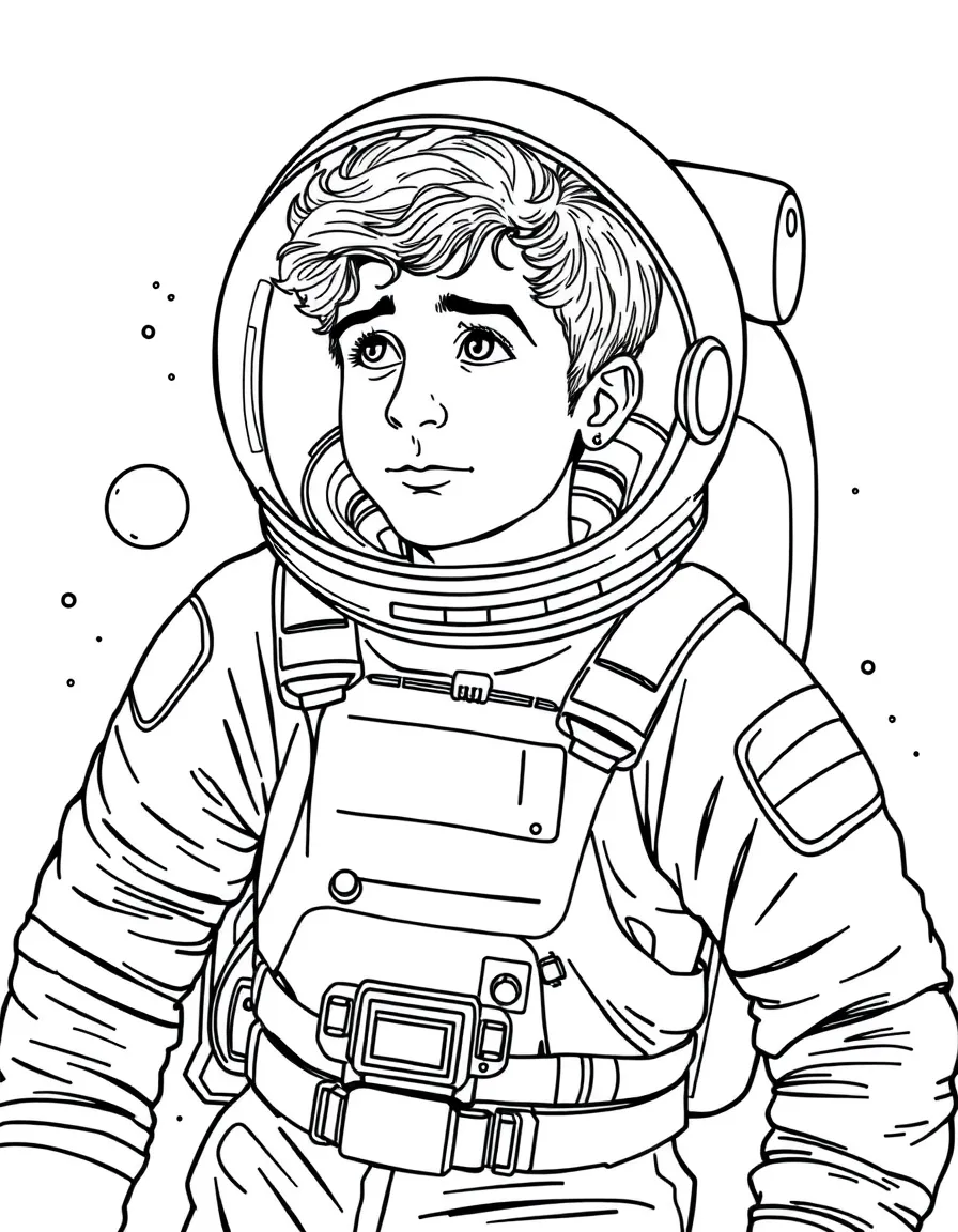 Timothée Chalamet exploring space in an astronaut suit – a fun and kid-friendly coloring page.