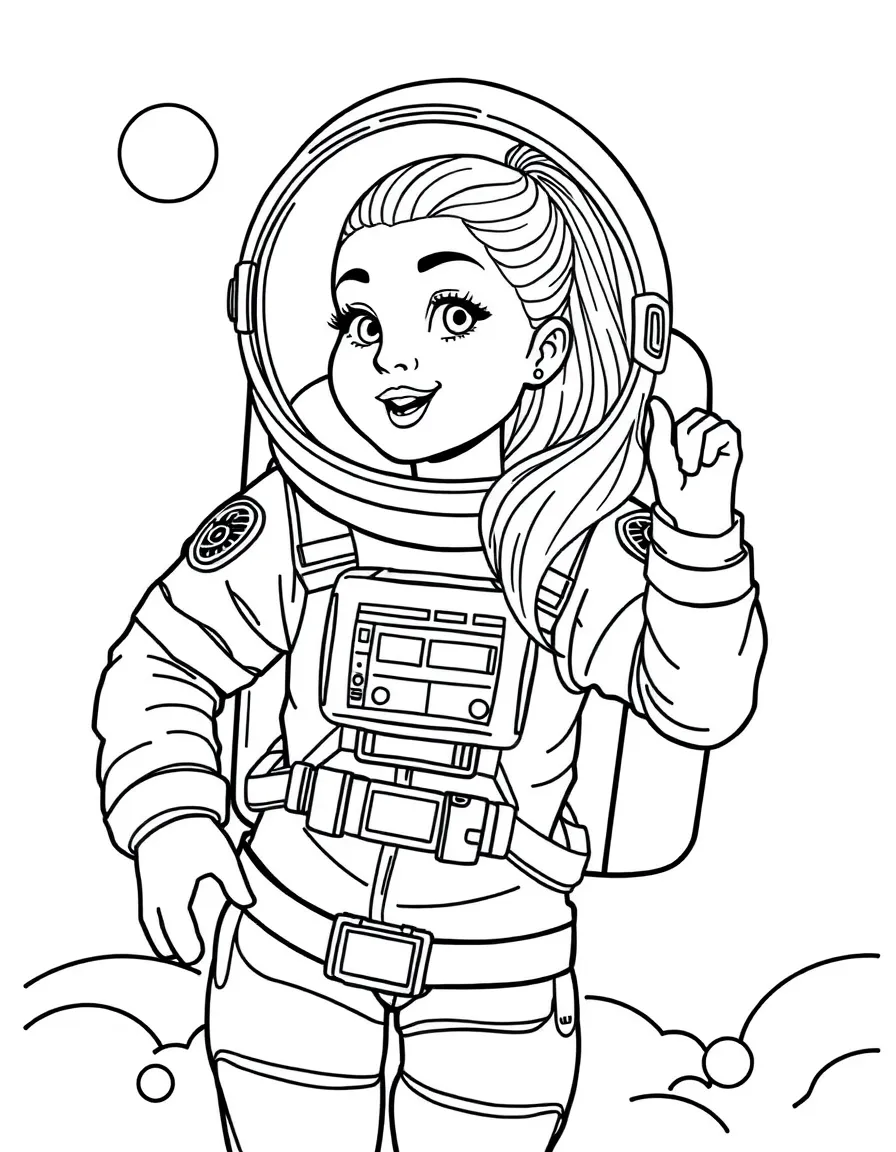 Ariana Grande exploring space in an astronaut suit – a fun and kid-friendly coloring page.