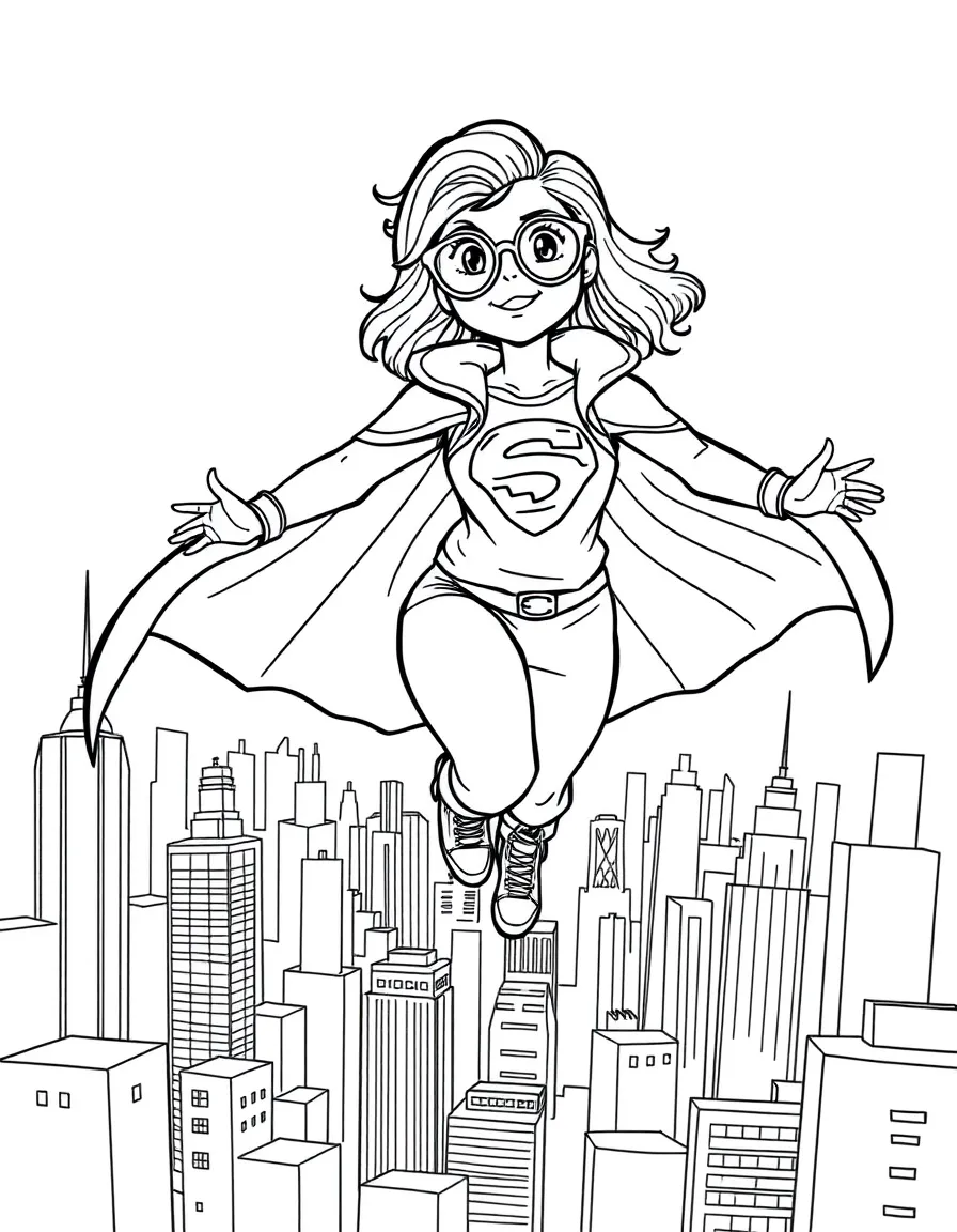 Camila Cabello wearing a superhero cape and flying over a cityscape – a fun and kid-friendly coloring page.