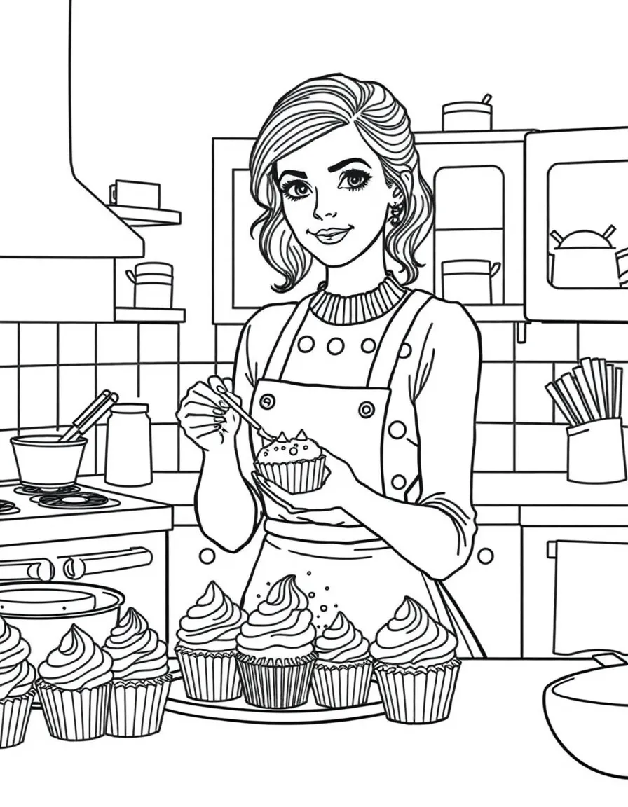 Emma Watson baking cupcakes in a colorful kitchen – a fun and kid-friendly coloring page.