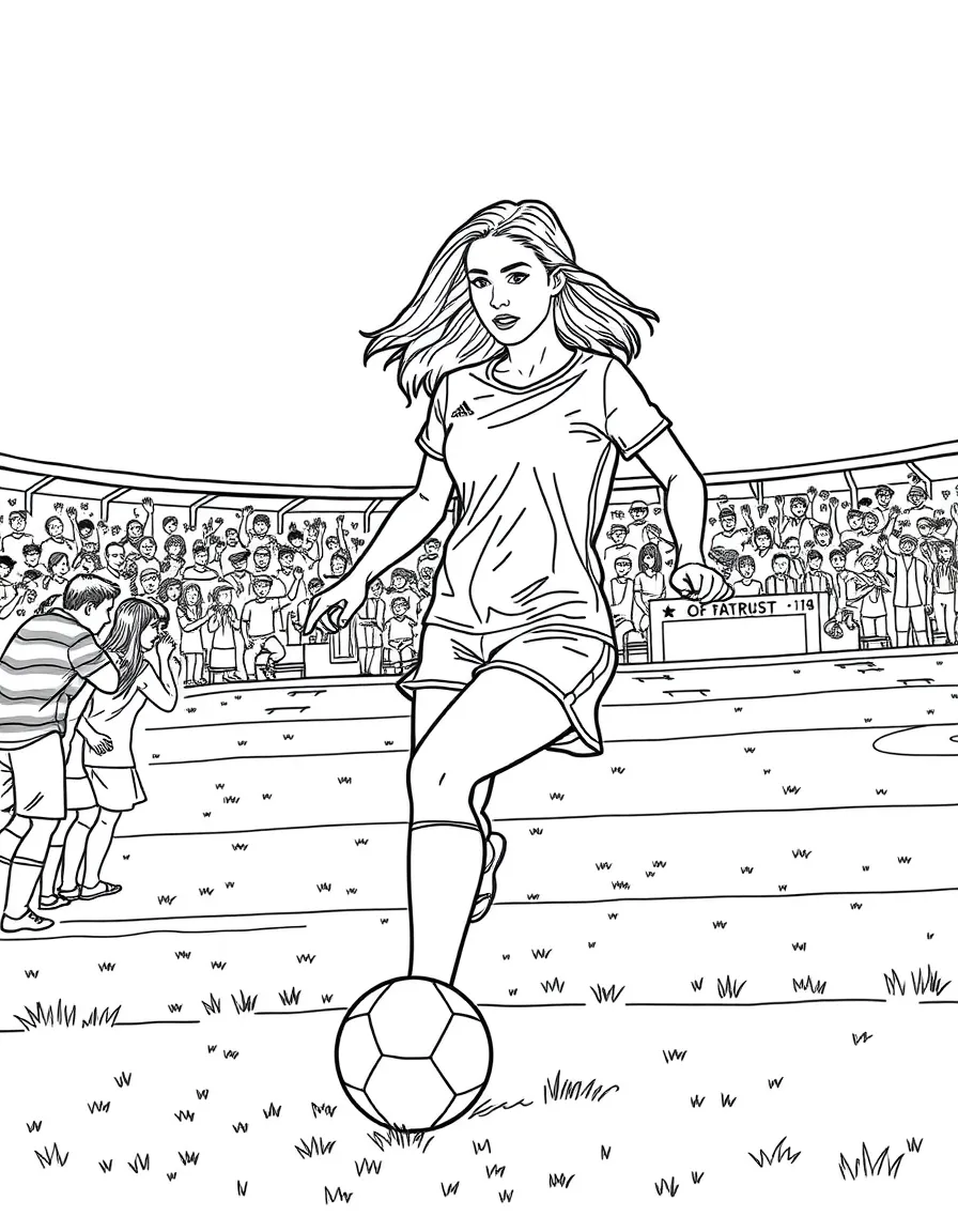 Blake Lively playing soccer on a field with cheering fans in the stands – a fun and kid-friendly coloring page.