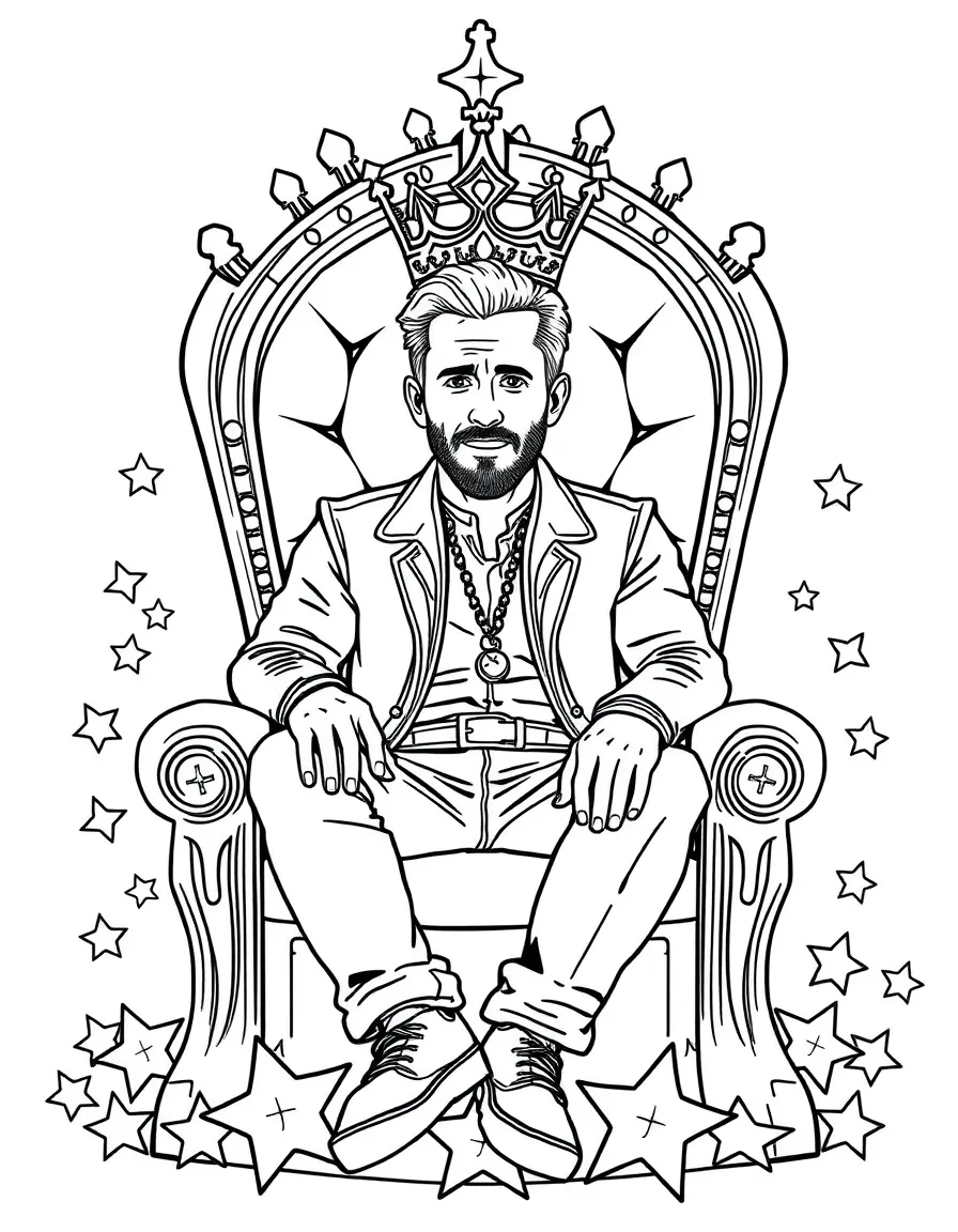 Ryan Reynolds sitting on a throne made of stars with a crown – a fun and kid-friendly coloring page.