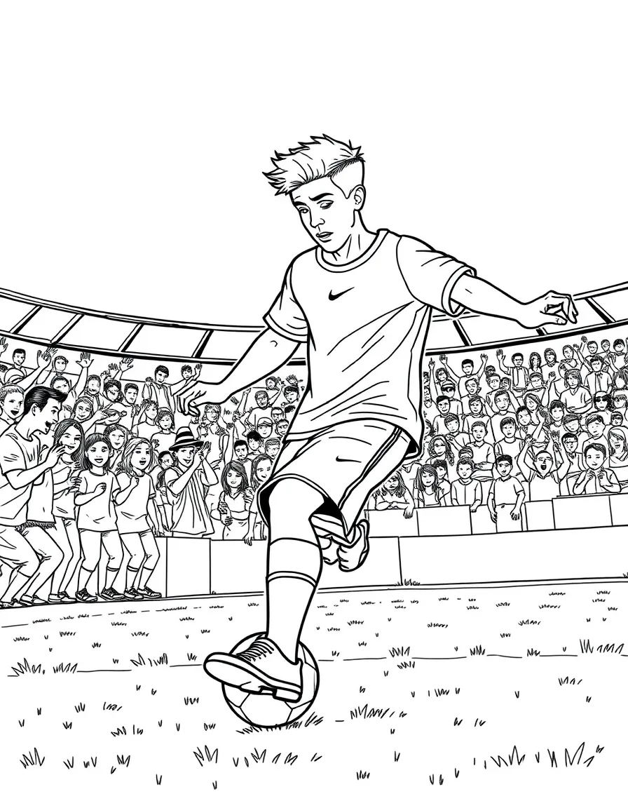 Justin Bieber playing soccer on a field with cheering fans in the stands – a fun and kid-friendly coloring page.