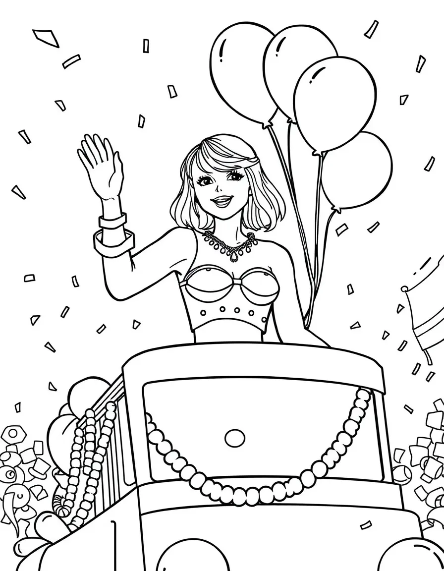 Taylor Swift waving from a parade float with balloons and confetti – a fun and kid-friendly coloring page.