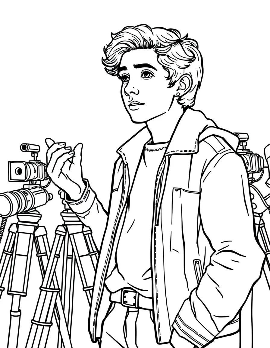 Timothée Chalamet acting in a scene on a movie set with cameras – a fun and kid-friendly coloring page.