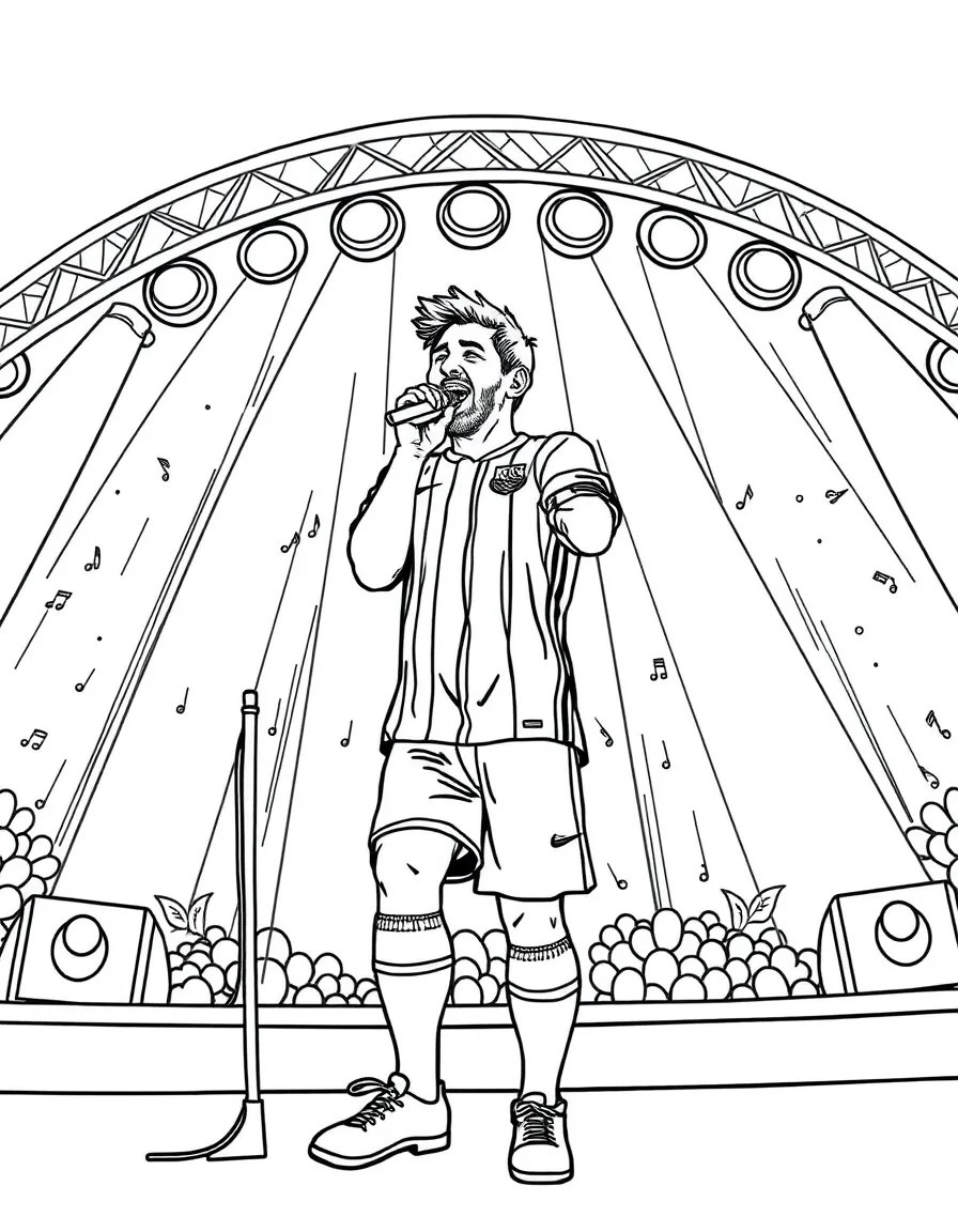 Lionel Messi singing on a big concert stage with musical notes and lights – a fun and kid-friendly coloring page.