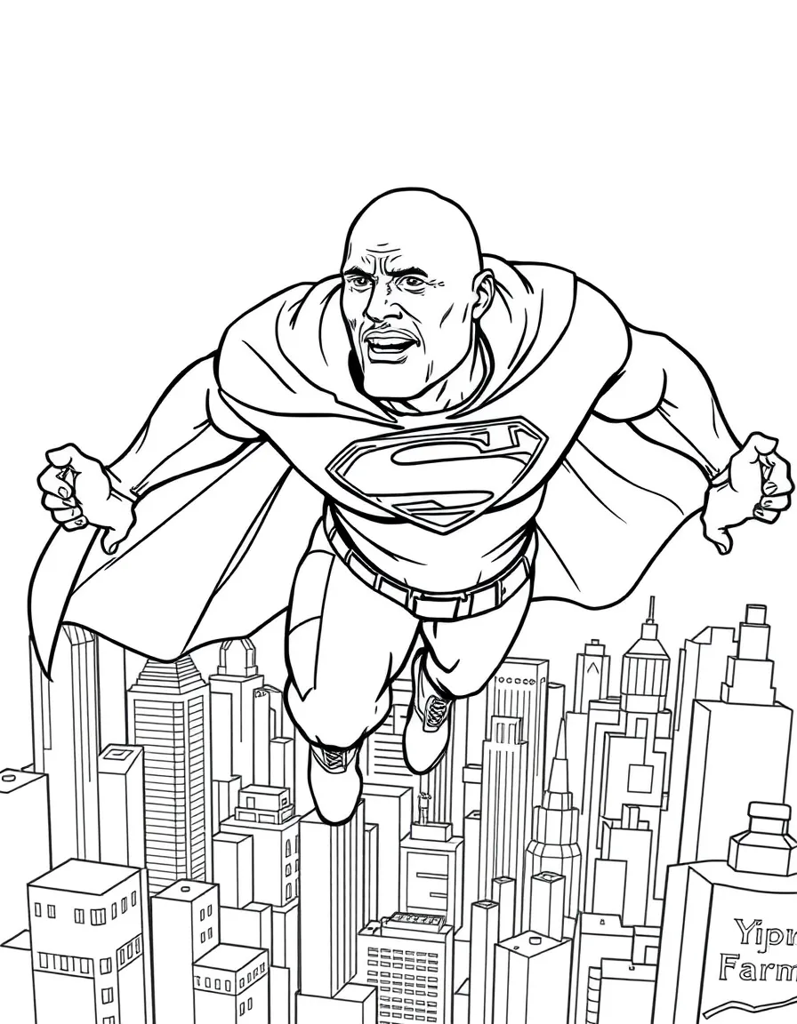 Dwayne Johnson wearing a superhero cape and flying over a cityscape – a fun and kid-friendly coloring page.