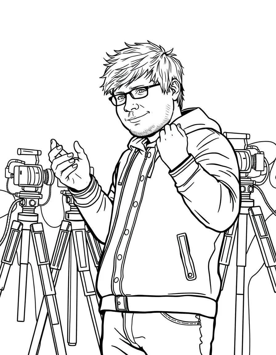 Ed Sheeran acting in a scene on a movie set with cameras – a fun and kid-friendly coloring page.