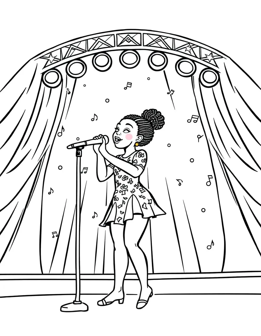 Simone Biles singing on a big concert stage with musical notes and lights – a fun and kid-friendly coloring page.