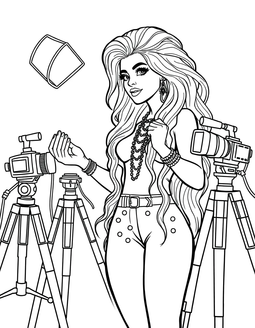 Shakira acting in a scene on a movie set with cameras – a fun and kid-friendly coloring page.