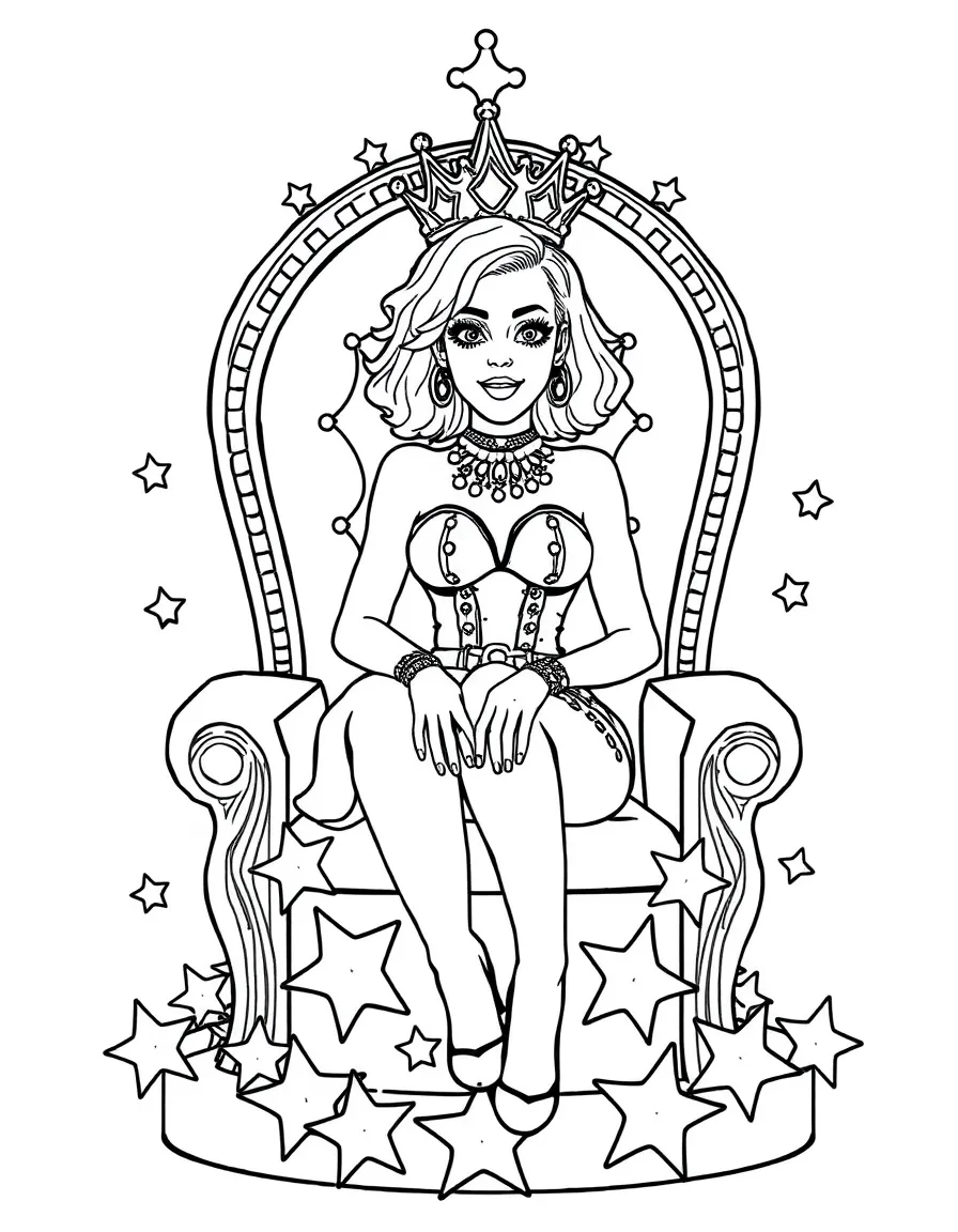 Katy Perry sitting on a throne made of stars with a crown – a fun and kid-friendly coloring page.
