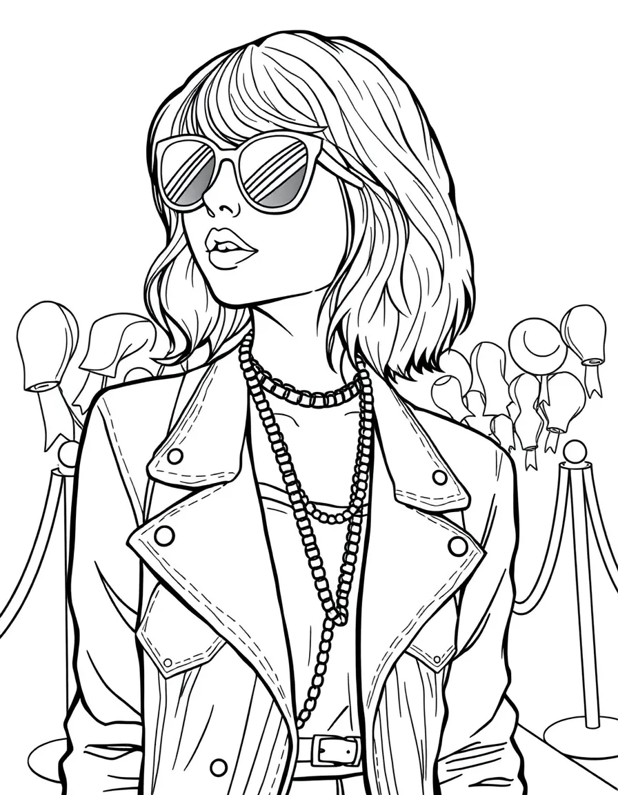 Taylor Swift posing with sunglasses and a cool outfit on the red carpet – a fun and kid-friendly coloring page.