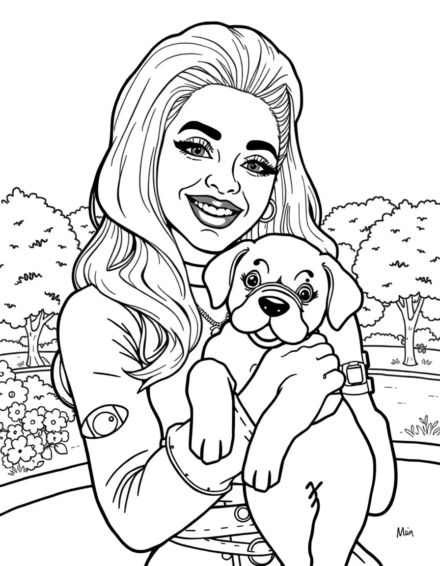 Lady Gaga smiling and holding a puppy with a park background – a fun and kid-friendly coloring page.