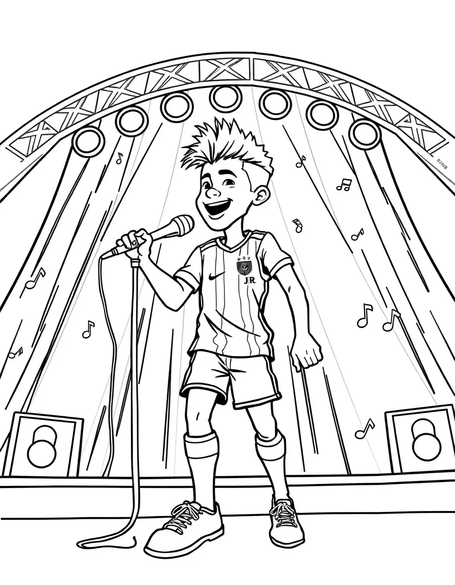 Neymar Jr. singing on a big concert stage with musical notes and lights – a fun and kid-friendly coloring page.