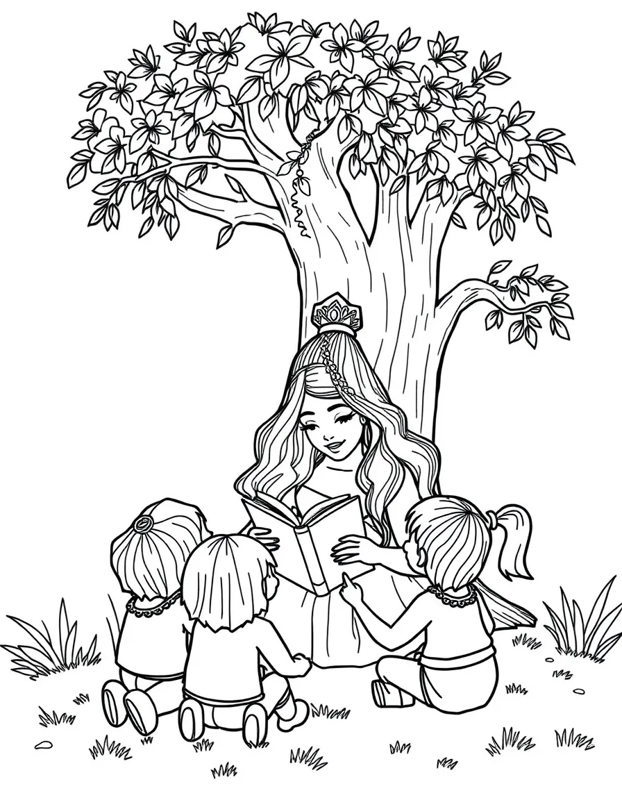 Ariana Grande reading a storybook to children under a tree – a fun and kid-friendly coloring page.
