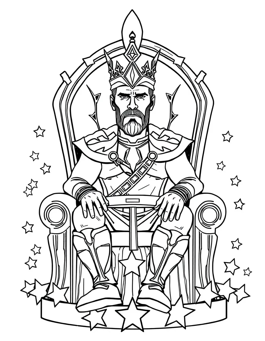 Chris Hemsworth sitting on a throne made of stars with a crown – a fun and kid-friendly coloring page.