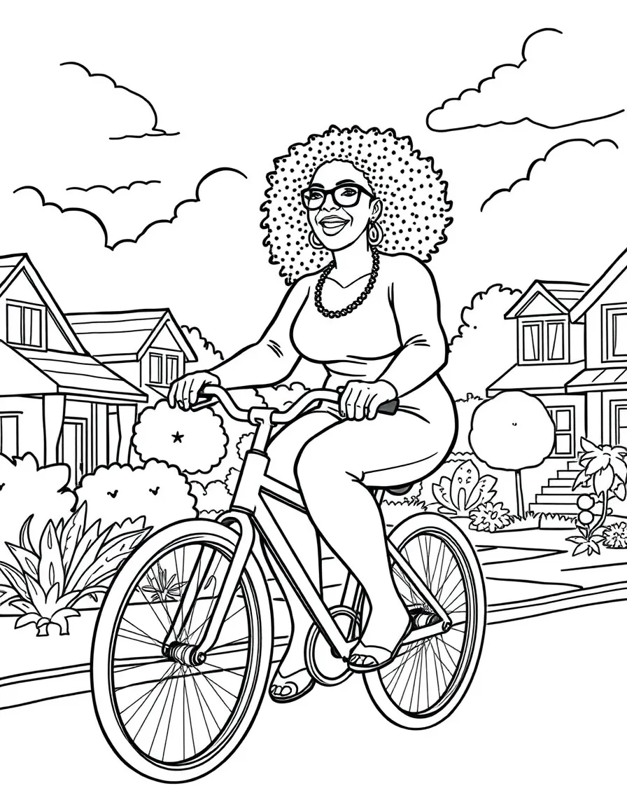 Oprah Winfrey riding a bicycle through a sunny neighborhood – a fun and kid-friendly coloring page.