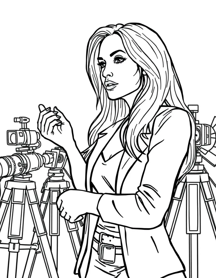 Angelina Jolie acting in a scene on a movie set with cameras – a fun and kid-friendly coloring page.