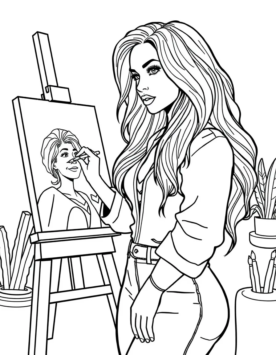 Jennifer Lopez painting a picture at an art studio – a fun and kid-friendly coloring page.