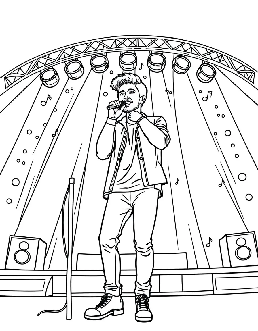 Zayn Malik singing on a big concert stage with musical notes and lights – a fun and kid-friendly coloring page.