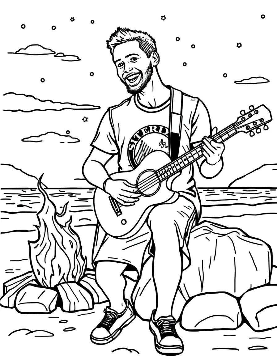 Stephen Curry playing guitar at a beach bonfire – a fun and kid-friendly coloring page.