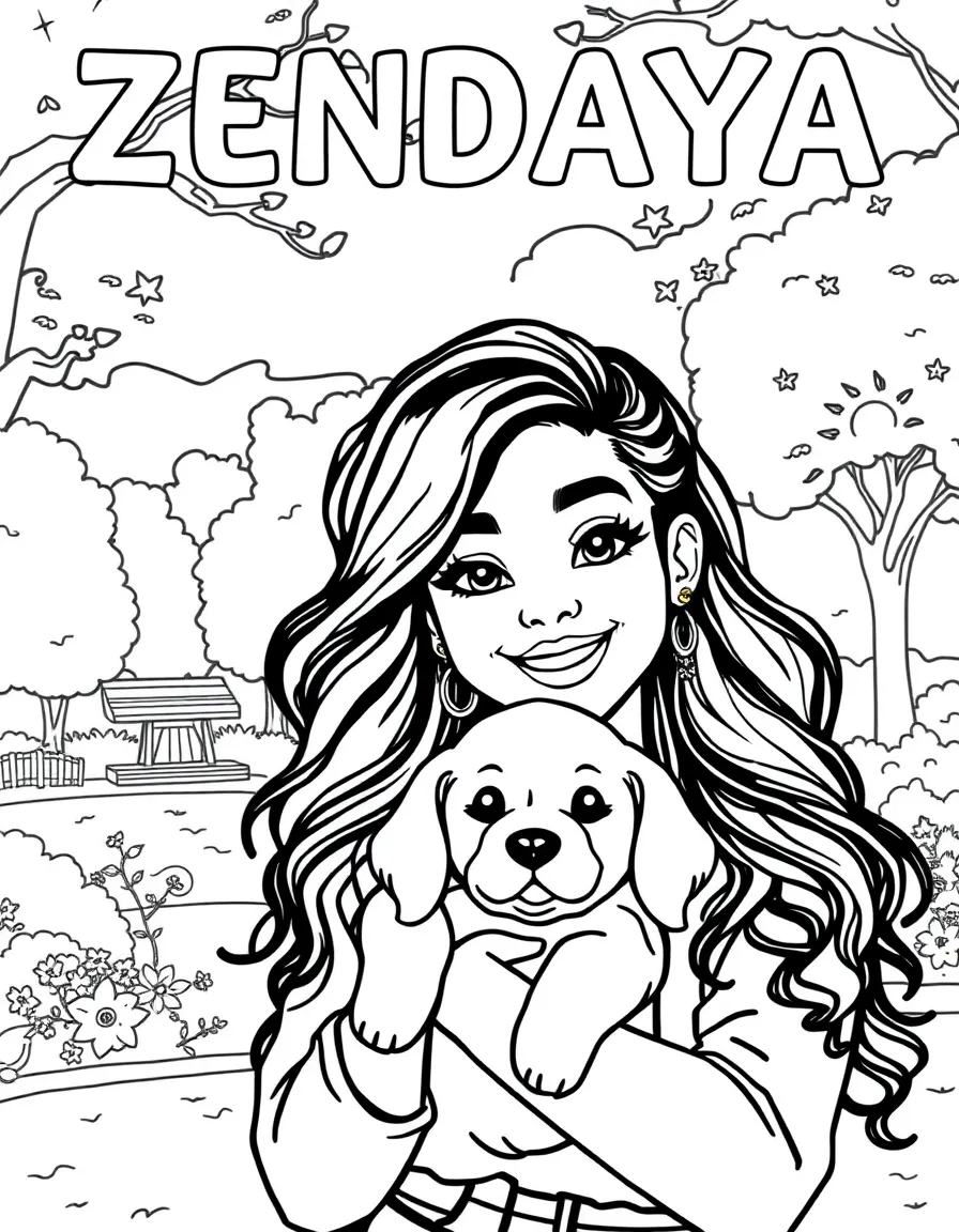 Zendaya smiling and holding a puppy with a park background – a fun and kid-friendly coloring page.