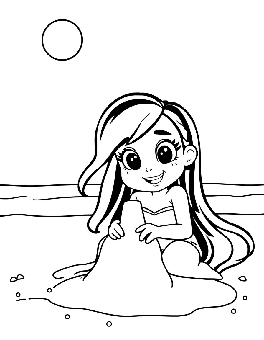 Dua Lipa building a sandcastle at the beach – a fun and kid-friendly coloring page.