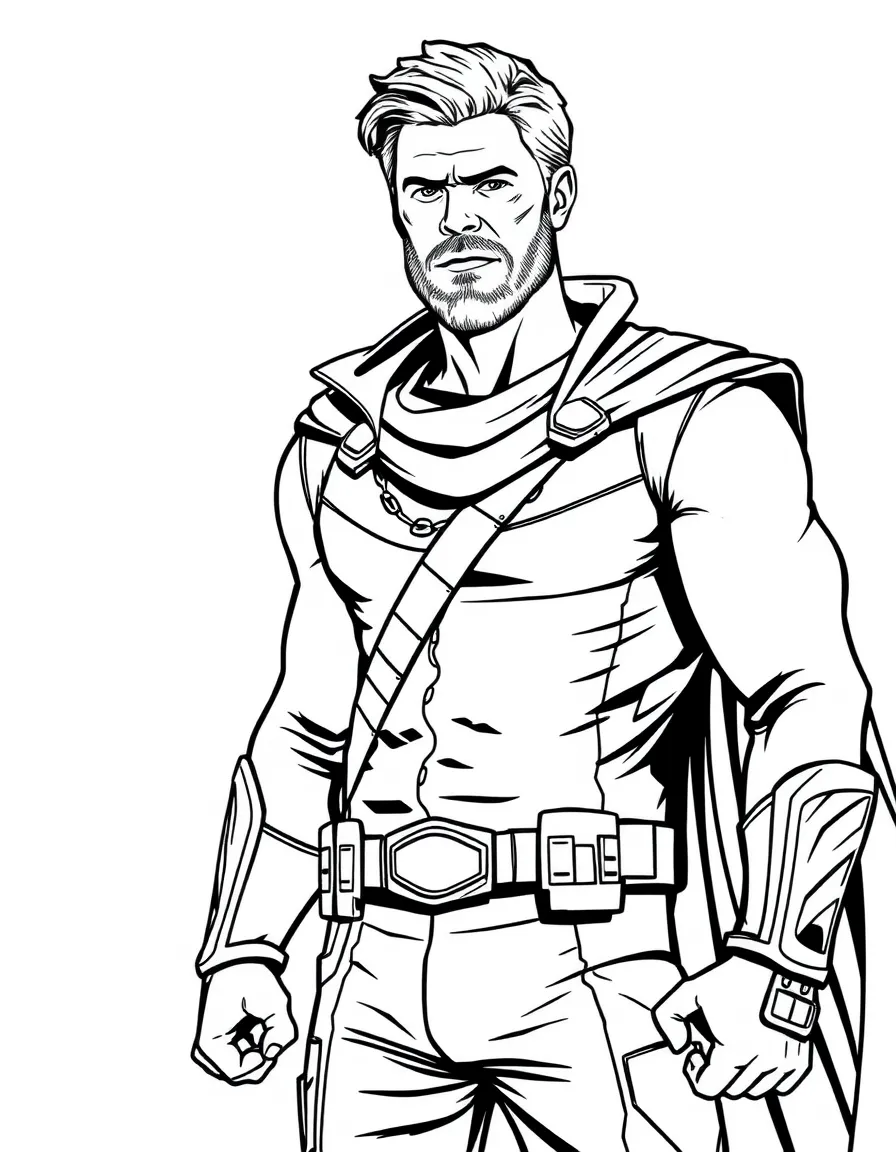Chris Hemsworth dressed as a superhero, ready to save the day – a fun and kid-friendly coloring page.