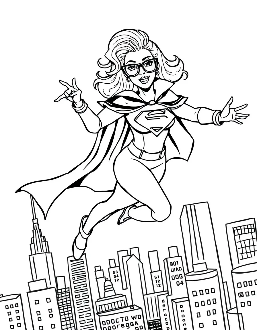 Lady Gaga wearing a superhero cape and flying over a cityscape – a fun and kid-friendly coloring page.