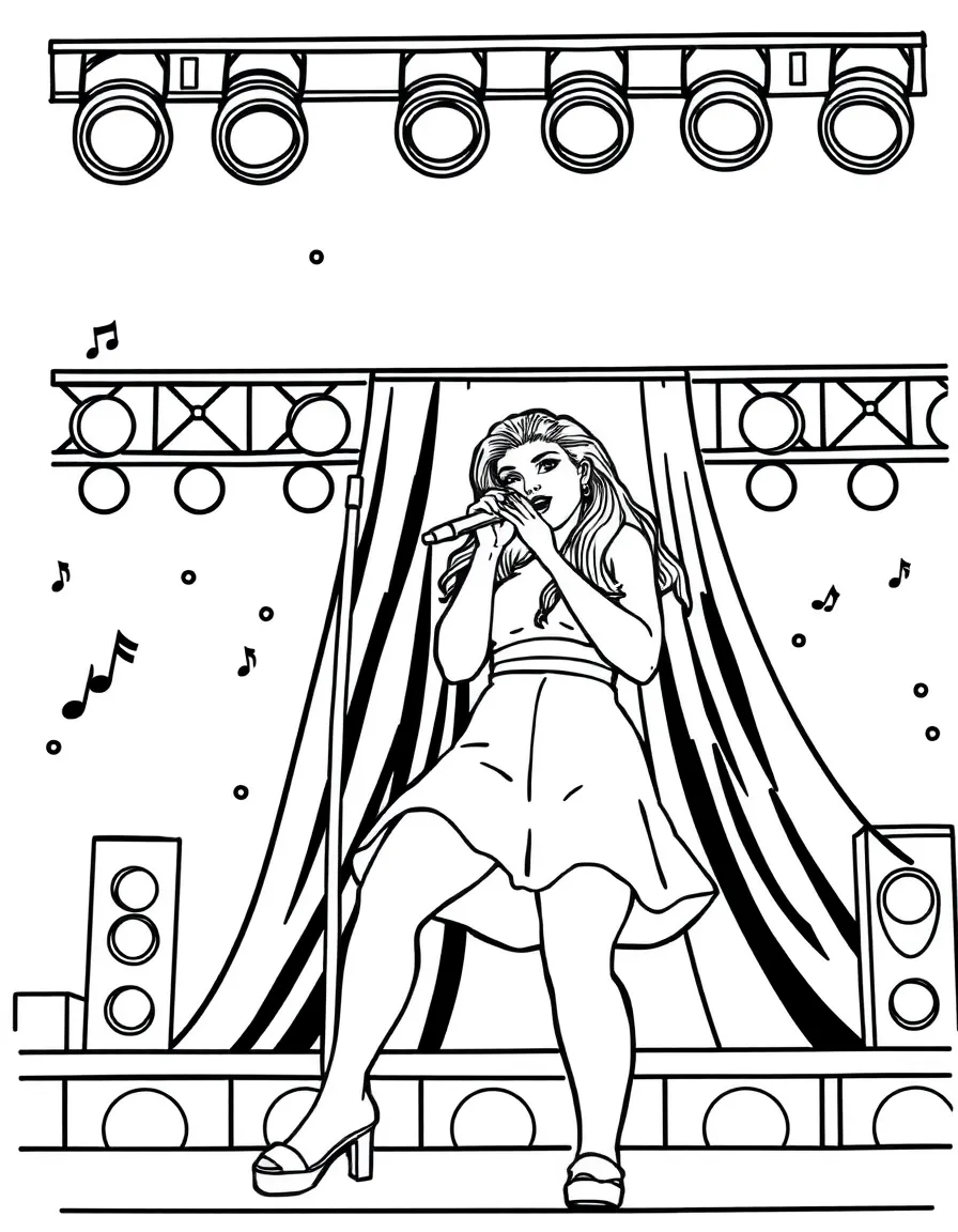 Kylie Jenner singing on a big concert stage with musical notes and lights – a fun and kid-friendly coloring page.
