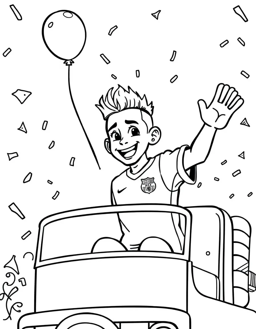 Neymar Jr. waving from a parade float with balloons and confetti – a fun and kid-friendly coloring page.