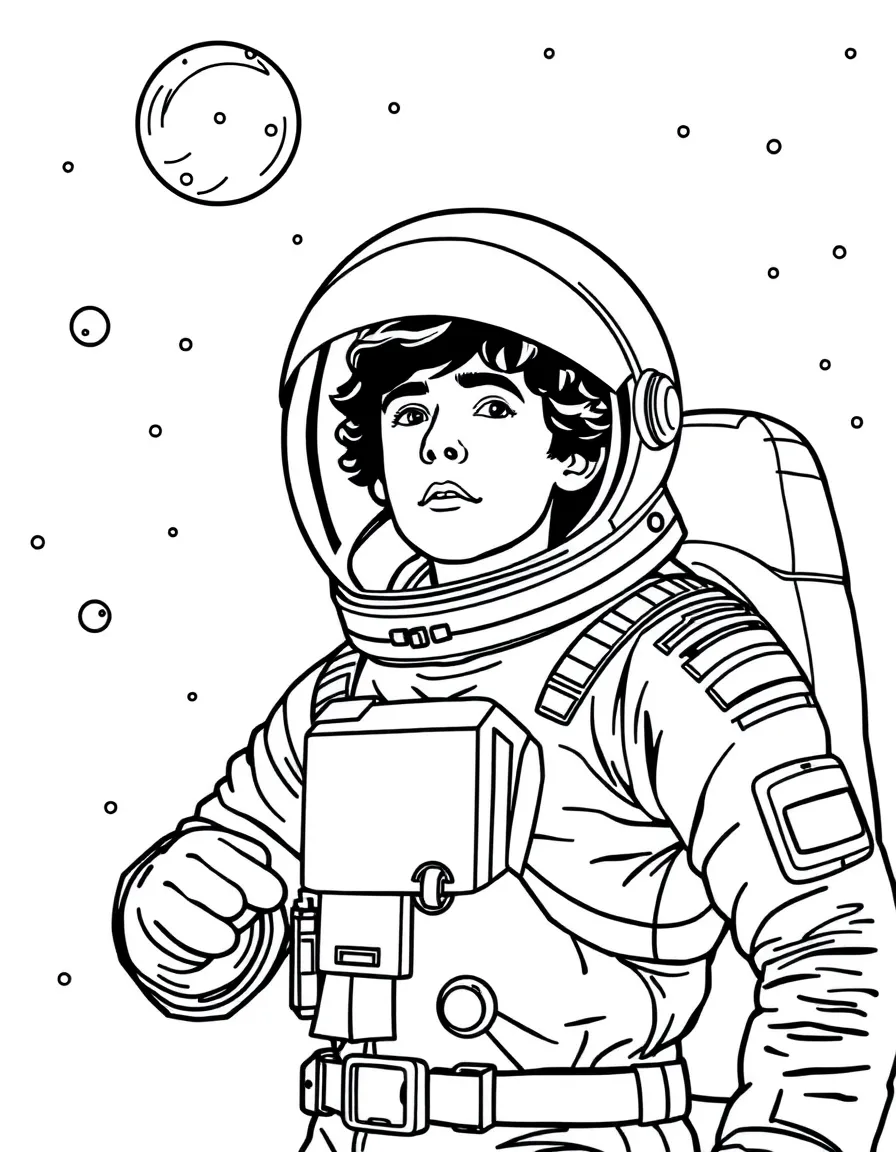 Timothée Chalamet exploring space in an astronaut suit – a fun and kid-friendly coloring page.